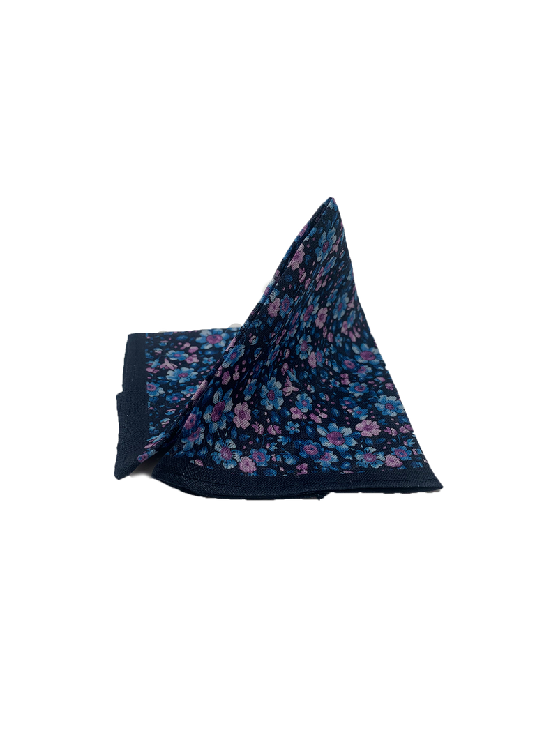 Blue Floral Printed Linen Pocket Square