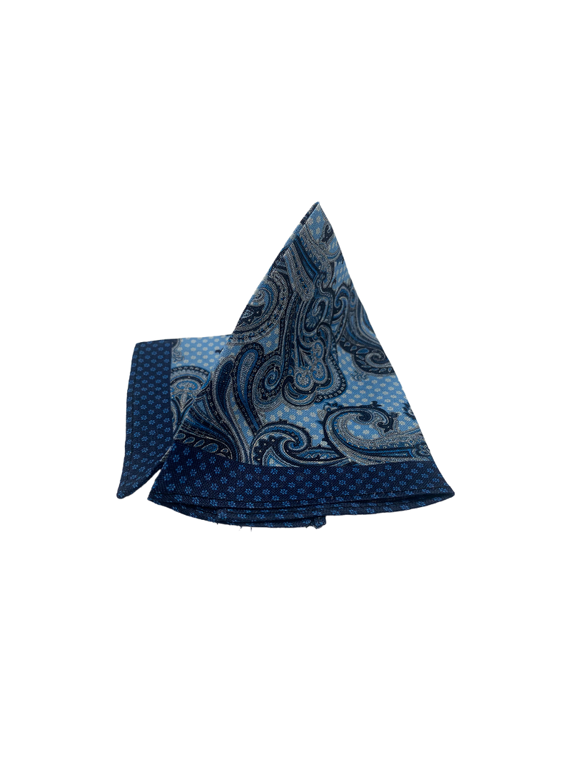 Blue Paisley Printed Linen Pocket Square