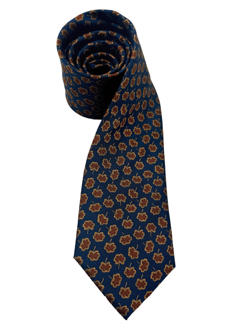 Navy Brown Floral Print Silk Tie