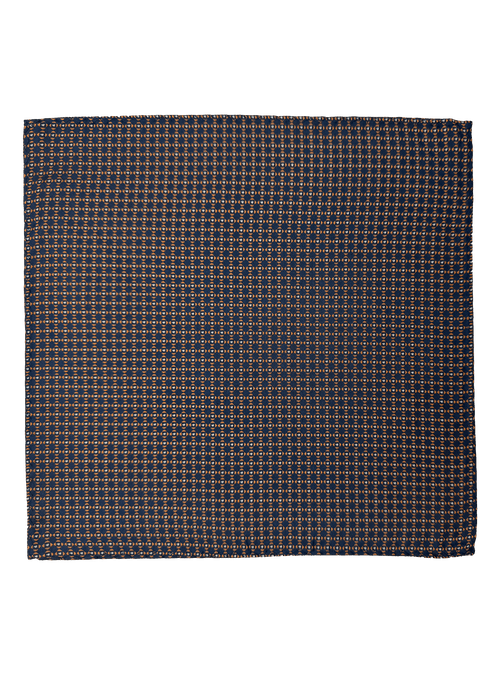 Navy Orange Square Tile Print Silk Pocket Square