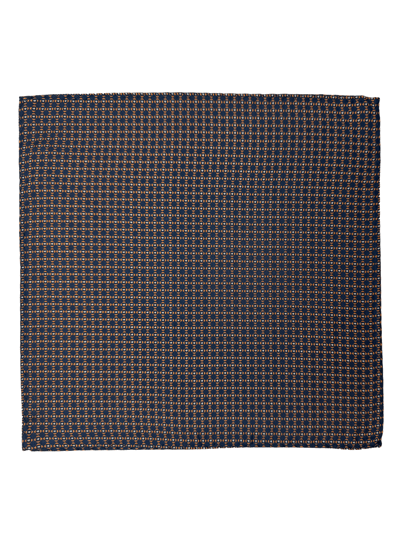 Navy Orange Square Tile Print Silk Pocket Square